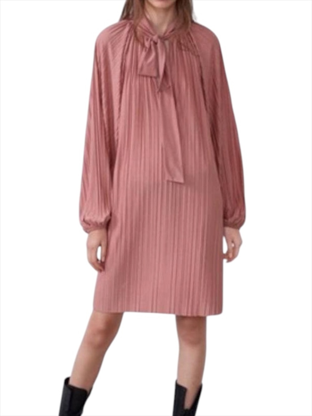 Zara Pink Pleated Long Sleeve Dress - Size M